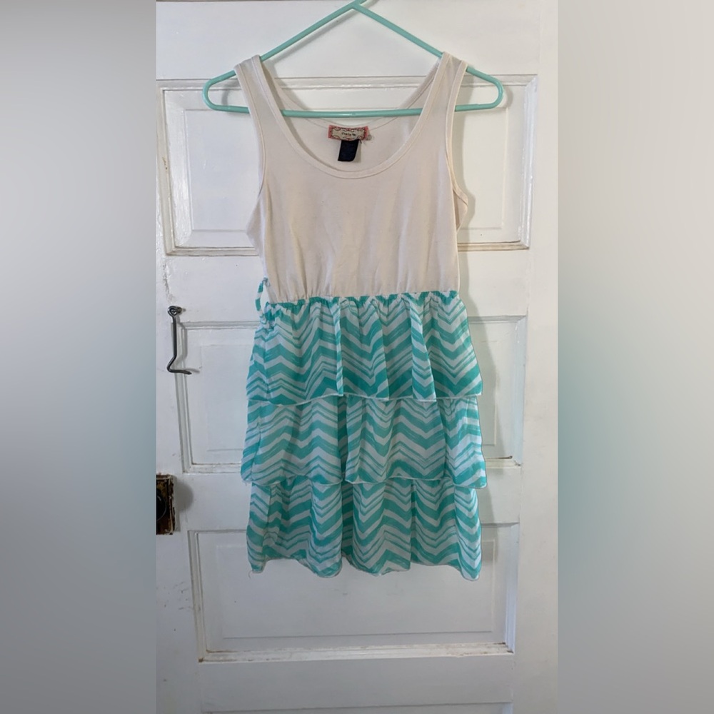 White and teal chevron mini dress
